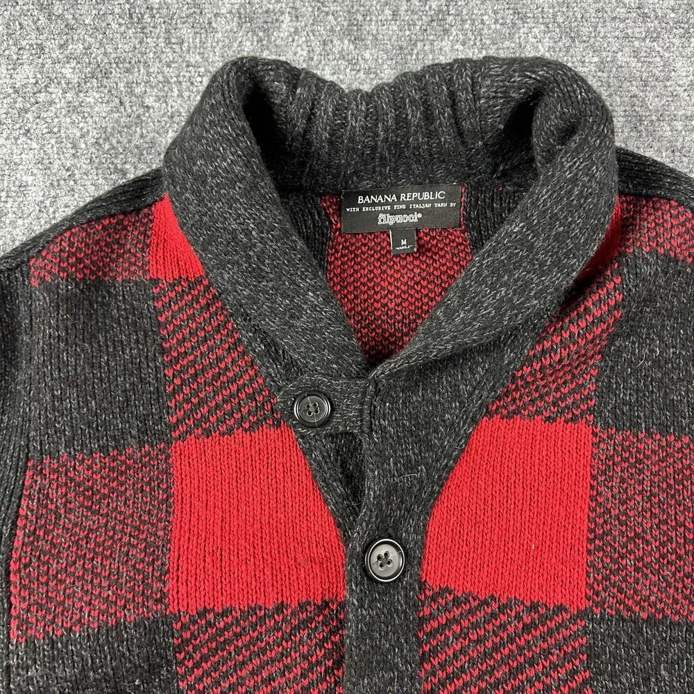 Banana Republic Cardigan Sweater Mens Medium Red‎ Plaid Shawl Collar Flipucci